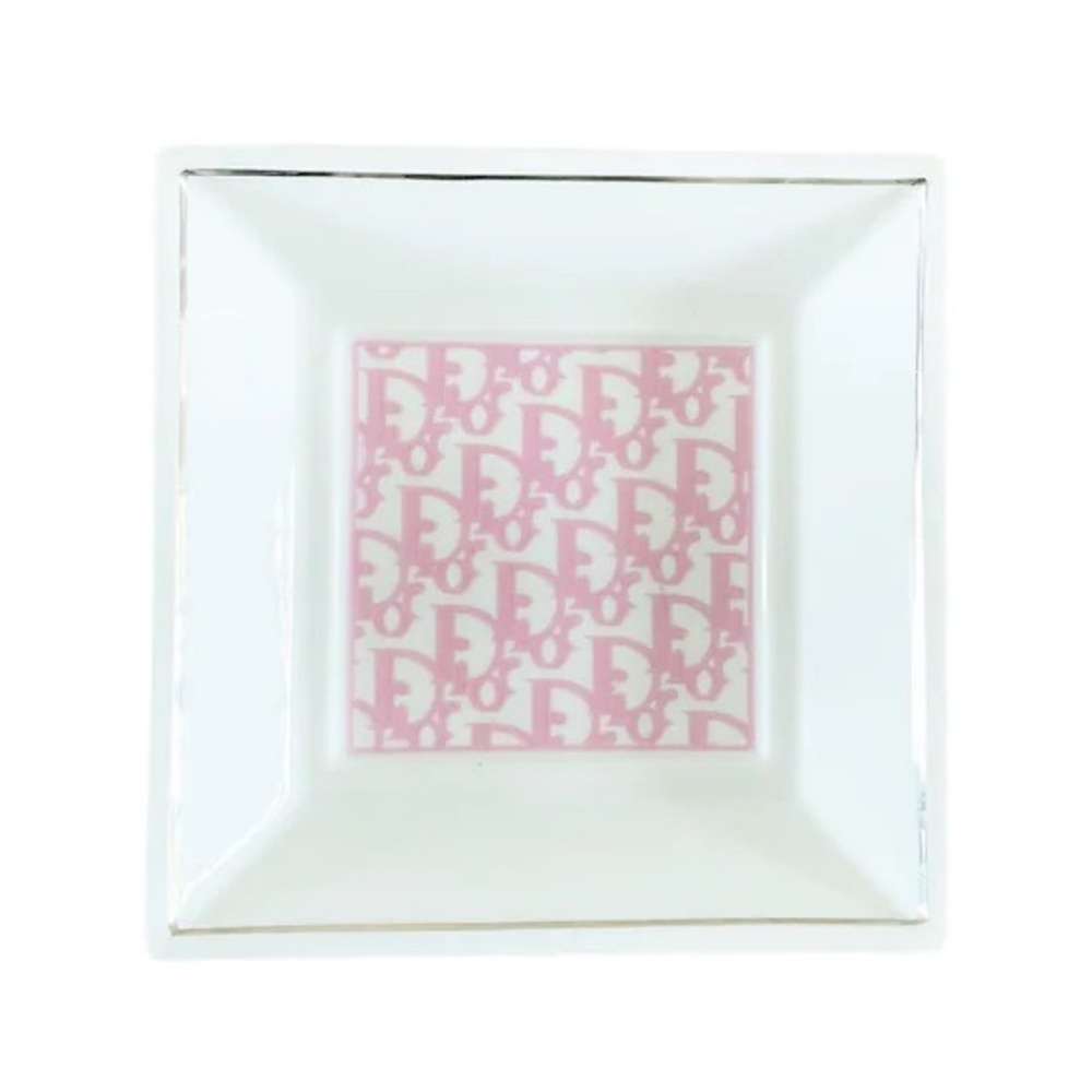 Dior Monogram Porcelain Tray Dish Pink White Ashtray Plate Ceramic RARE 90s